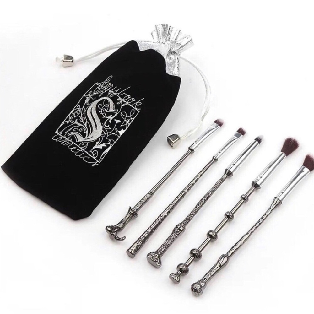 Silver Harry Potter Wizard Wand Makeup Brush Set with Black Velvet Pouch